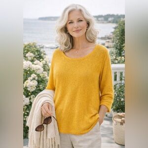 Eileen Fisher Organic Linen Top L Mustard Yellow Minimalist Elevated Basic Layer